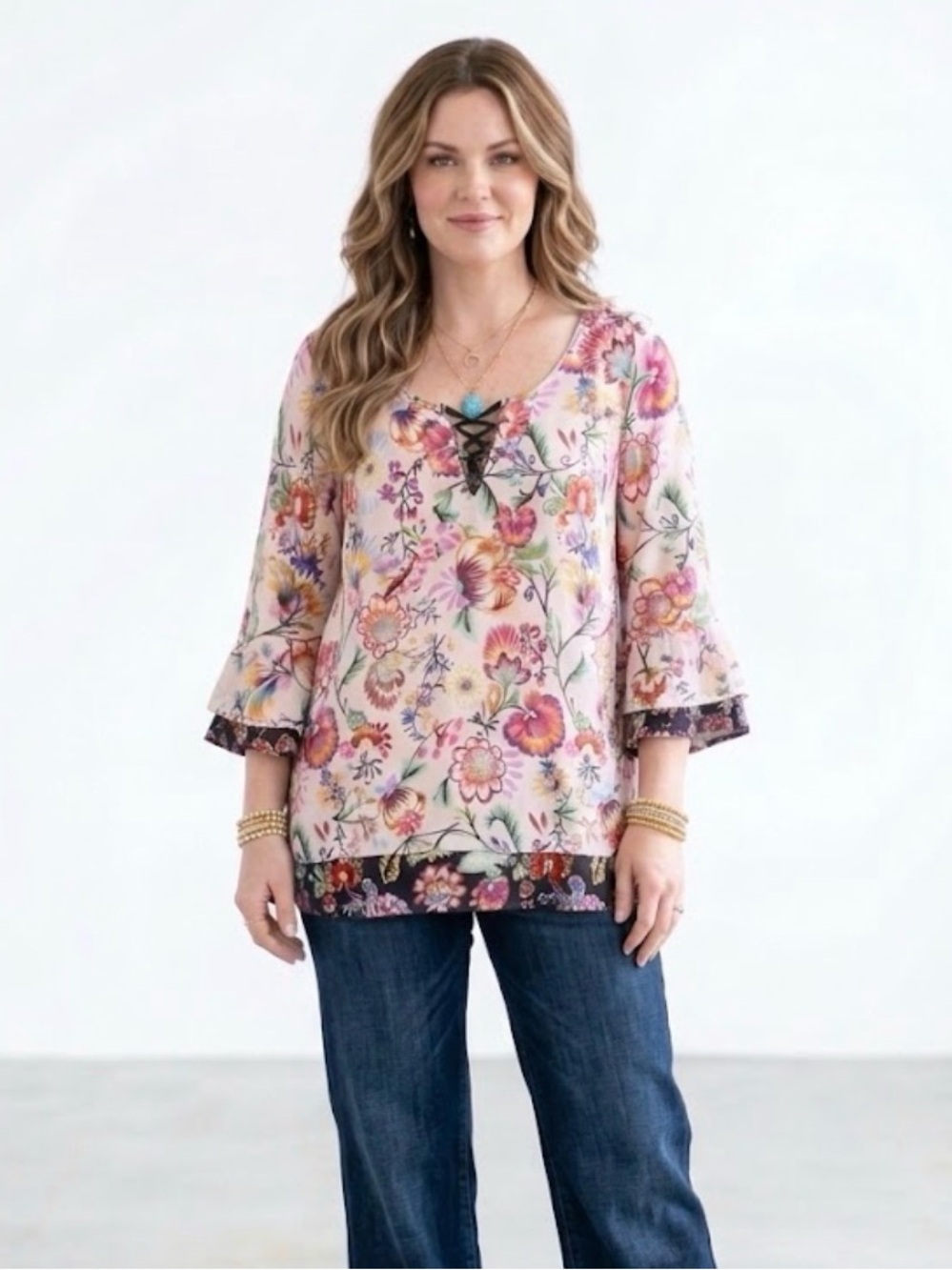 Democracy Boho Floral Lace-Up Grommet Bell Sleeve Blouse